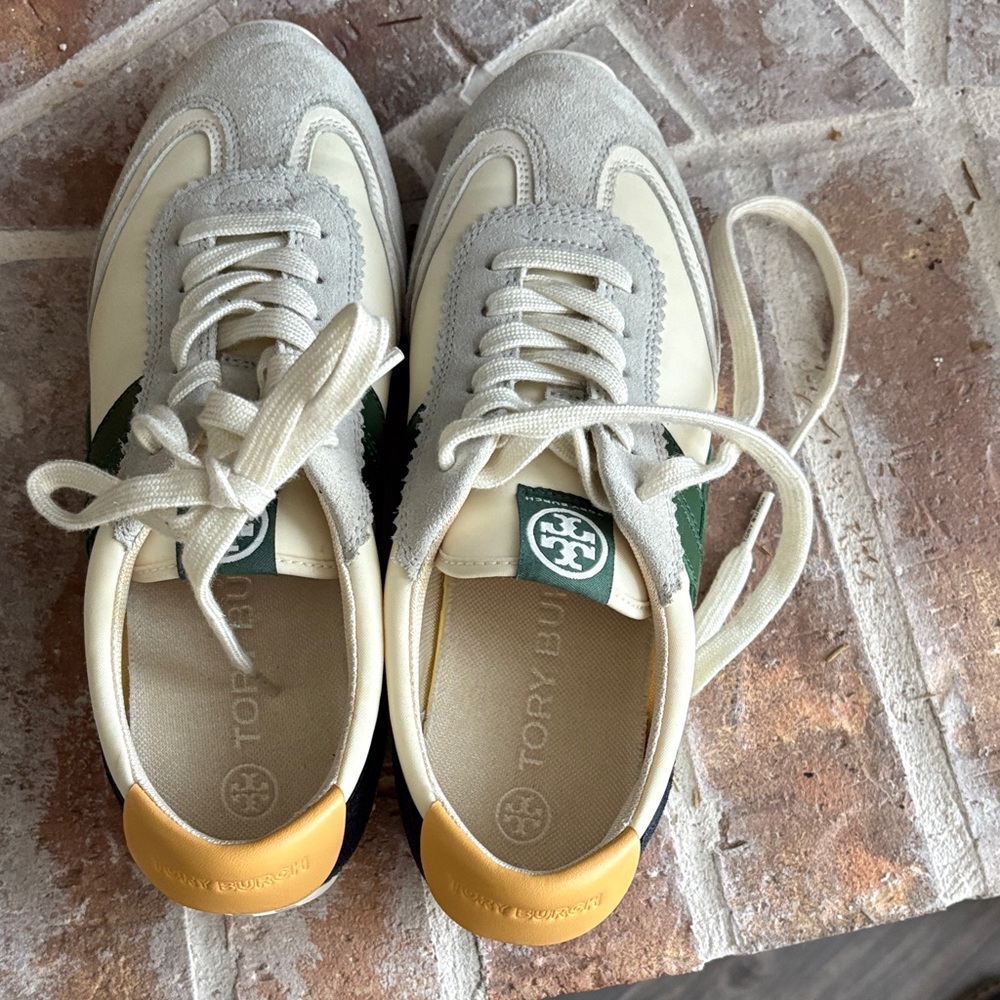 Tory Burch Cream and Gray Sneakers with Green Accent